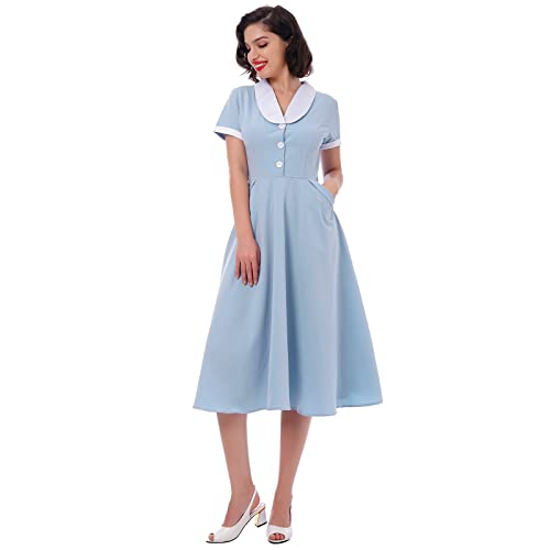 Image of Women 1950s Vintage Short Sleeve Peter Pan Collar Retro Swing A Line Midi Summer Dress Cocktail Party Evening Prom Gown