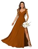 vintys Elegant Women's Off Shoulder Bridesmaid Dresses Long with Slit Burnt Orange A Line Ruffle Sleeves Chiffon Formal Evening Dress with Pockets for Boho Wedding 2