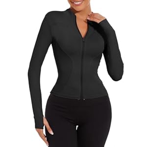 Joligiao Women’s Running Jacket Slim Fit Gym Tops Long Sleeve Full Zip Sports Jackets with Thumb Holes Ladies Running Tee Shirts Quick Dry Sport Jacket Workout Activewear