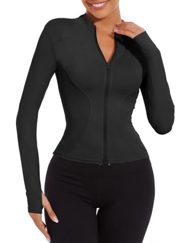 Joligiao Women's Running Jacket Slim Fit Gym Tops Long Sleeve Full Zip Sports Jackets with Thumb Holes Ladies Running Tee Shirts Quick Dry Sport Jacket Workout Activewear
