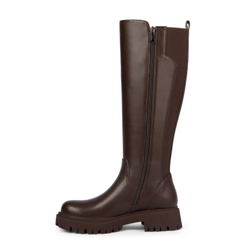 Image of TEAIEU Knee High Boots for Women, Platform Chunky Block Low Heel Tall Boots, Round Toe Side Zipper Fall Long Boots for Dress, Stretch Calf, Comfortable