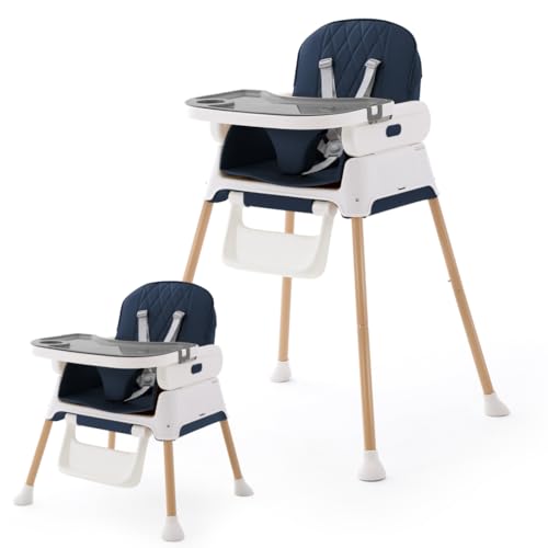 Image of 3 in 1 Portable Baby High Chair for Babies and Toddlers, Adjustable Convertible Infant Baby Feeding Chair Booster for Eating with Detachable Double Tray, 5 Point Harness,Blue