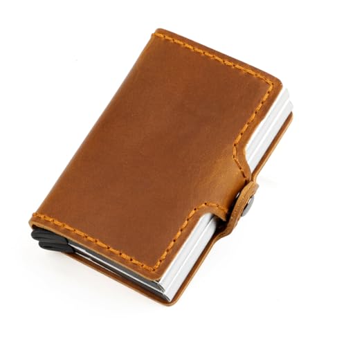 Genuine Leather Wallet for Men Crazy Horse Leather Automatic Card Ejection Double Aluminum Box Design (Brown)