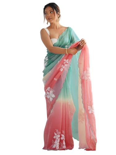 Aavami Saree for Women's Fancy 2 Tone Embroidery Siquince Bollywood Party wear Saree Indian Saree (Rama & Pink)