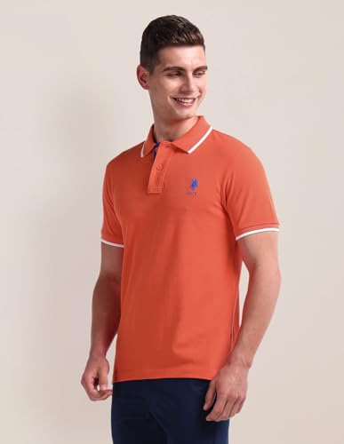 Image of U.S. POLO ASSN. Men's Orange Solid Polo Collar Collared Neck Short Sleeve Casual Cotton Slim Fit Polo Shirt
