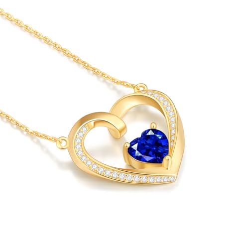 TIMELESSTAR Heart Birthstone Necklace for Women Jewelry Gold Dainty Statement 14K Plated 925 Sterling Silver Non Tarnish Diamond Layered Crystal Pendant September Blue