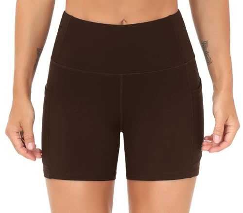 Image of THE GYM PEOPLE High Waist Yoga Shorts for Women's Tummy Control Fitness Athletic Workout Running Shorts with Deep Pockets