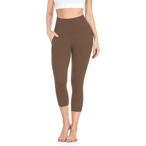 iaoja Capri Leggings for Women with Pockets - High Waisted Tummy Control No See Through Workout Soft Yoga Pants (Mocha Large)