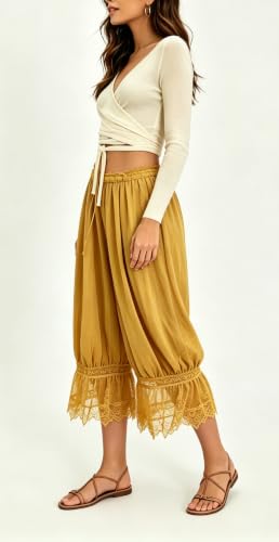 Image of UAURORAO Women Lace Trim Bloomer Pants Flowy Culottes Pantaloons Bloomers