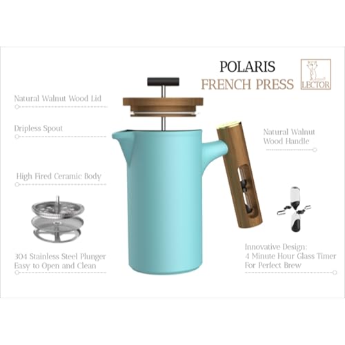 Image of LECTOR Polaris French Press Coffee Maker, 600ML, Ceramic, Manual Coffee & Tea Brewer with Natural Wooden Handle & Lid | Strong Build, Superior Filtration, Innovative 4 Minute Hour Glass Timer (Blue).
