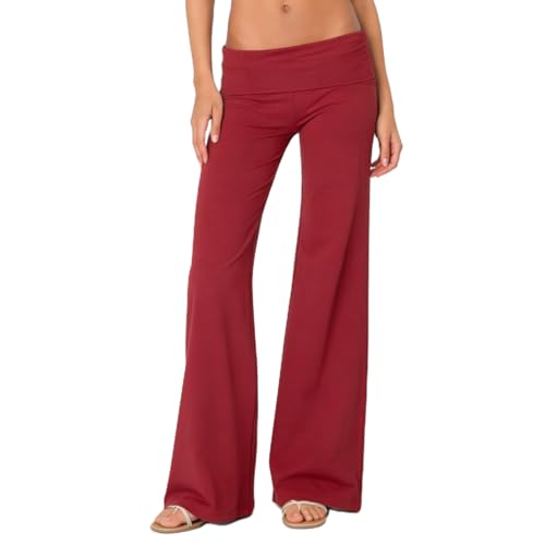 Image of Lounge Yoga Pants for Women Fold Over Low Waist Wide Leg Bell Bottoms | Y2K Foldover Pants, Flare Leggings, Low Rise Yoga Sweatpants