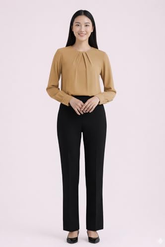 Image of Mirana Women's Full Sleeve Solid Top | Round Neck Pleated Front Regular Fit Office Casual Blouse with Button Cuffs