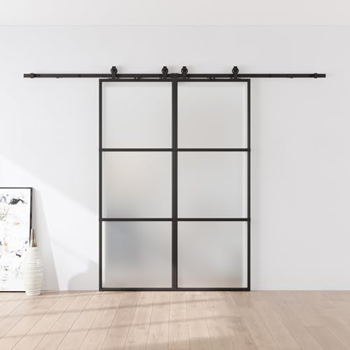 64 x 84 in Metal and Glass Sliding Double Barn Door with Installation Hardware Kit (Soft-Close Included)