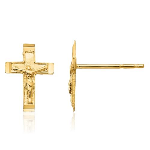 14K Solid Yellow Gold Lord Jesus Christ Crucifix Holy Cross Drop Dangle Christian Religious Stud Earrings