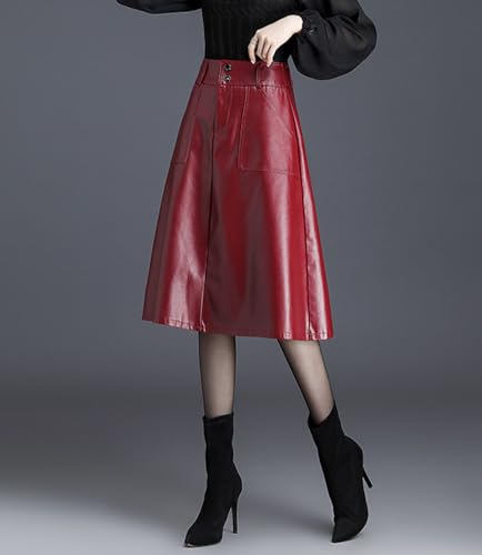 chouyatou Women's Casual High Waist Pu Leather Skirts A-Line Faux Leather Midi Long Skirt with Pockets2