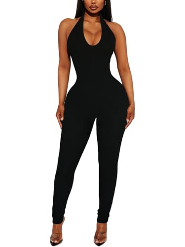 Women's Halter Bodycon Jumpsuits - One Piece Backless Summer Casual Workout Yoga Athletic Club Pants Rompers Outfits Catsuits Black S