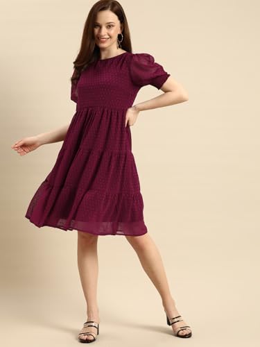 Image of Amazon Brand - INKAST Women A-Line Midi Dress | Puff Sleeves | Perfect for Casual and Semi-Formal Occasions