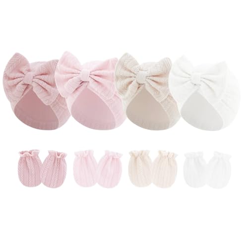 Image of JOTDEW 4 Pcs Newborn Hats Mittens Set Infant Cap Bow Hospital Beanie Preemie Hat for Baby Boy Girl 0-6