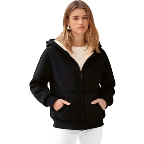 Fleece Jacket for Women Casual Full Zip Up Warm Sherpa Lined Hoodie Long Sleeve Fall Winter Coat with Pockets