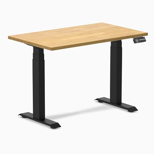 Image of Desky Small Electric Standing Desk, 40 x 24 inches Rubberwood Height Adjustable Sit Stand Desk with Dual Motor and Memory Presets, Compact Home Office Workstation - Light Oak Wood Top