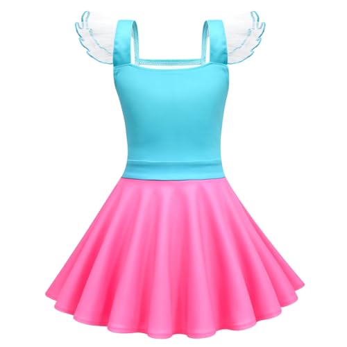 Girls Poppy Flutter Sleeve Blue and Pink Summer Square Neck Flounce Hem Casual Party Dress Outfits