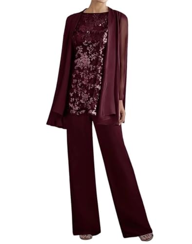 3 Pieces Mother of The Bride Pant Suits for WeddingLong Sleeves Lace Chiffon Outfit Formal Wedding Guest Outfit with Jacket Burgundy 16W