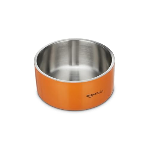 Image of Amazon Basics Quintessential Double-Walled Stainless Steel Premium Pet Bowl | 1900 Ml | Large | for Dogs, Cats, and Pets | Orange