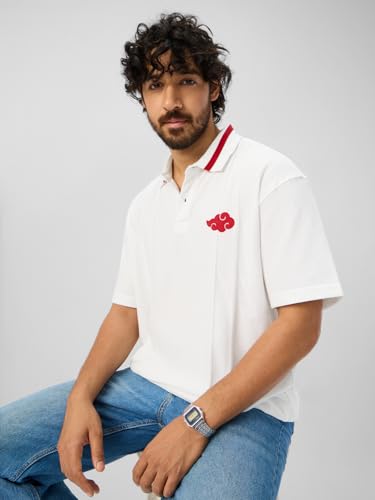 Image of The Souled Store Naruto Shippuden: Akatsuki Outlaws Men and Boys Short Sleeves Collared Neck White Embroidered Cotton Blend Oversized Polos