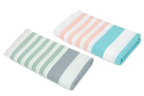 MUSH 100% Rayon from Bamboo Cabana Style Beach Towels: Light Weight, Ultra Soft, Super Absorbent, Quick Dry Bath Towel || 35 X 63 Inches (Extra Large, Lt. Green Grey & Aqua Peach)