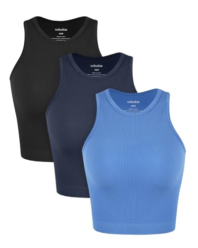 Image of ODODOS 3-Pack Seamless Crop Tank for Women Ribbed Soft High Neck Cropped Tops