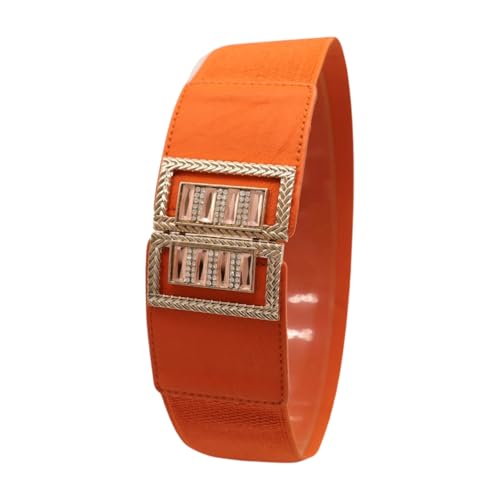 Women Fashion Orange Faux Leather Elastic Waistband Belt Gold Metal Square Buckle S M z0884