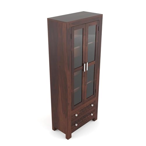 Image of Solid Sheesham Wood Bookshelf with Acrylic Glass Door & Storage Drawers | Rosewood Display Cabinet for Living Room & Office (Walnut Finish)