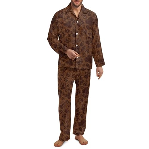 Mens Comfortable Pajama Set, Men's Anti-Wrinkle Long Sleeve Button-Down Pajama Set with Pockets & Elastic Band