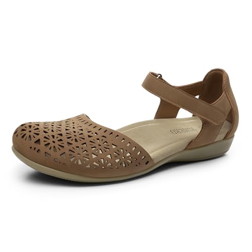 Rihero Summer Closed Toe Sandals Women Orthopedic Cute Beach Sandals for Women Lightweight Non Slip Arch Support Flat Shoes with Adjustable Strap Tan Hollow 8.5