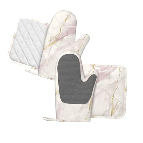 Ofenhandschuhe und Topflappen, hellrosa, weiß, Marmor, Silikon, Küchenzubehör, Set mit 4 hitzebeständigen langen Handschuhen, Topflappen… – Ansicht 2