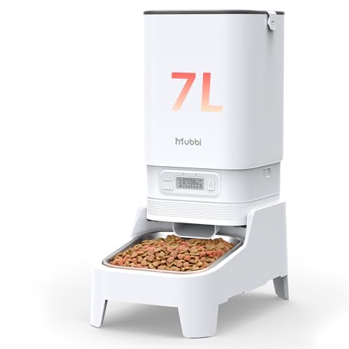 Automatic Cat Feeder with Elevated Stand, 7L/29 Cups Automatic Dog Feeder, Cat Food Dispenser, No-Jam, Up to 6 Meals for 2-15 mm Dry Food, Stainless Steel Bowl, No Spinal Pressure