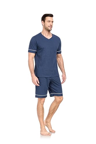 COLORFULLEAF Men's 100% Cotton Pajama Set Short Sleeve Button Down Sleepwear Soft V-neck Lounge Pjs with Pockets2