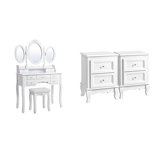 SONGMICS Blanc Coiffeuse Table de Maquillage Grand Commode avec 3 miroirs rabattables 7 tiroirs et Tabouret 145 x 90 x 40 cm RDT91W & Table de Chevet