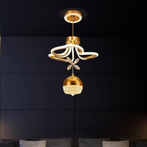 Image of Desidiya Modern LED Crystal Pendant Light Dimmable Elegant Gold Design & 3-Light Modes Ceiling Light Fixture for Living Room, Dining Room, Bedroom Comes with Cystal Butterfly