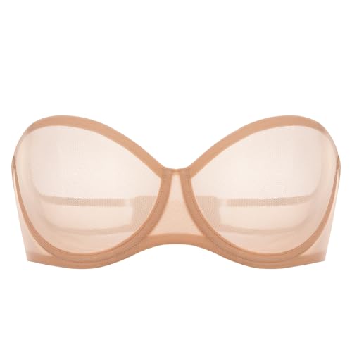 INLYRIC Women's Sheer Strapless Bras Mesh Sexy Unlined Plus Size See Through Bra Underwire Demi Mesh Non Padded Warm Beige - Size up in Both the Band and Cup 34D