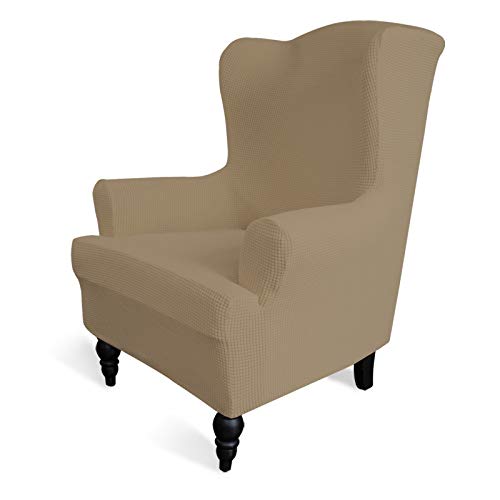 Image of Easy-Going Stretch Wingback Chair Sofa Slipcover Tan | 1-Piece Sofa Cover Furniture Protector Couch Soft with Elastic Bottom, Spandex Jacquard Fabric Small Checks
