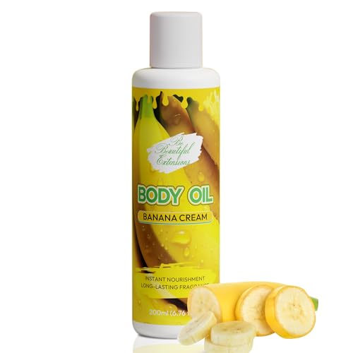 Image of Body oil designed for Deep Hydration to nourish, protect, and rejuvenate the skin while leaving it with a soft, radiant glow a banana cream scent long -lasting fragrance jojoba oil and more 6.76oz