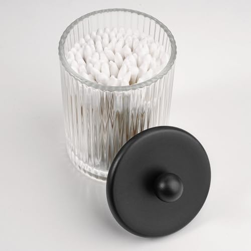 SheeChung 3-Pack Matte Black Glass Apothecary Jars with Bamboo Tray - Modern Industrial Bathroom Organizer Set for Cotton Rounds, Swabs & Flossers - Minimalist Vanity Storage Canister