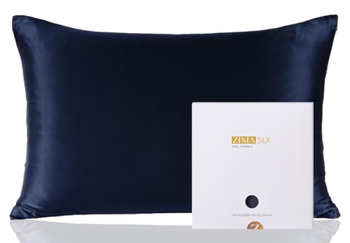 ZIMASILK 100% Pure Mulberry Silk Pillowcase for Hair and Skin Health,Soft and Smooth,Both Sides Premium Grade 6A Silk,600 Thread Count,with Hidden Zipper,1pc (King 20''x36'',Navy Blue)