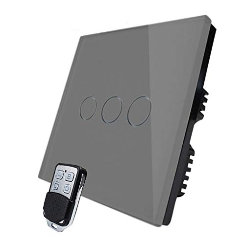 KONOQ Glass Panel Smart Touch Light Switch - Remote ON/OFF (3 Gang / 1 Way, Grey)