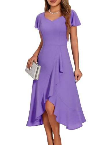 Image of HomRain V Neck Formal Wedding Guest Dresses for Women Ruffle Sleeves for Cocktail Graduation Modest Dress