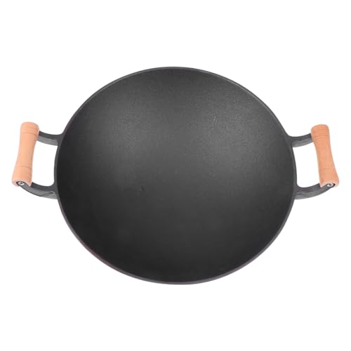 Wok de hierro fundido grueso con mango de madera antiadherente