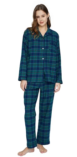 TONY AND CANDICE Women's 100% Cotton Long Sleeve Flannel Pajama Set Sleepwear (Medium,Green Plaid)