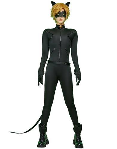 Micotaku Unisex Miraculous Ladybug Cat Noir Cosplay Set Polyester Jumpsuit Eye Mask Ear Coverings Wrist Ankle Coverings