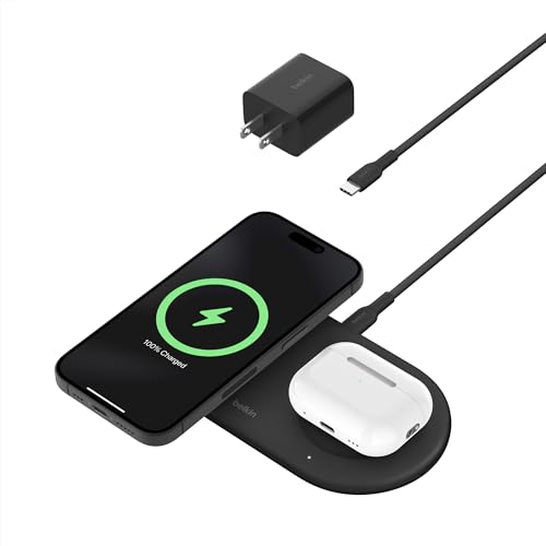 Belkin BoostCharge Pro 2-in-1 Magnetic Wireless Charging Pad with Qi2 15W, Fast Charging iPhone Charger Compatible with iPhone 15 Series, AirPods, and Other Qi2-Enabled Devices - Black